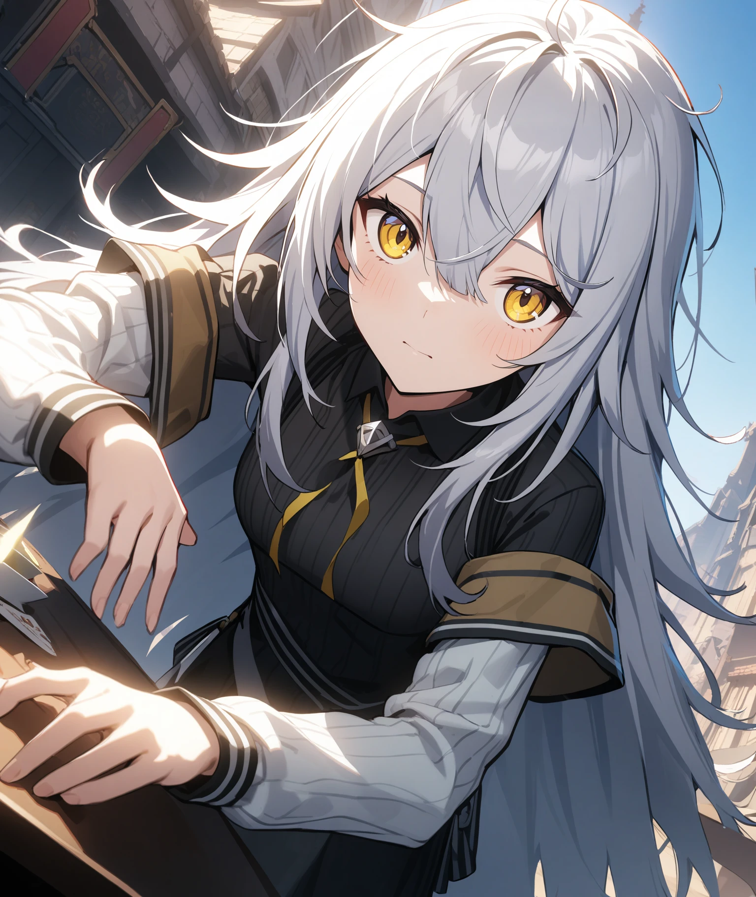 1girl, gaeun \(counter:side\), counter:side,
hololive, solo, looking at viewer, outdoors, cinematic angle, hair between eyes, very long hair, messy hair,
yellow eyes, white hair,
masterpiece, best quality, very aesthetic, absurdres,
<lora:gaeun_SDXL:0.8>