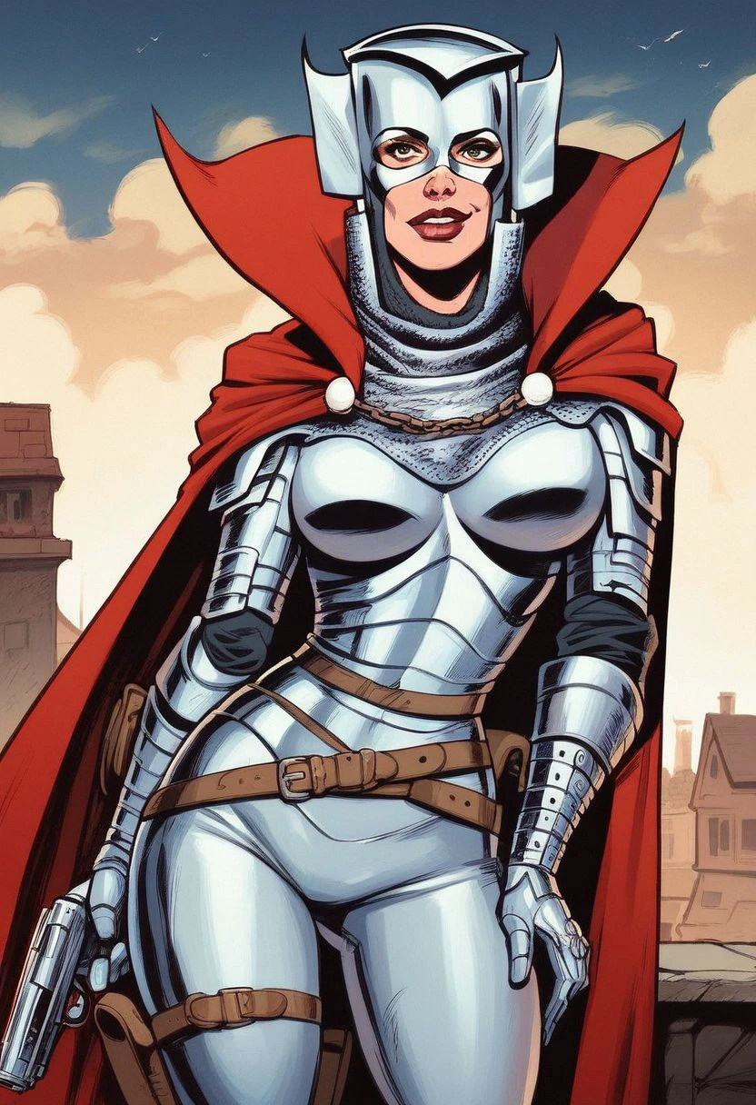 Score_9_up, score_8_up, score_7_up, 1girl,  solo, iron_maiden, Helmet, armor, red cape, standing proudly on a rooftop, holding a gun, dazzling smile