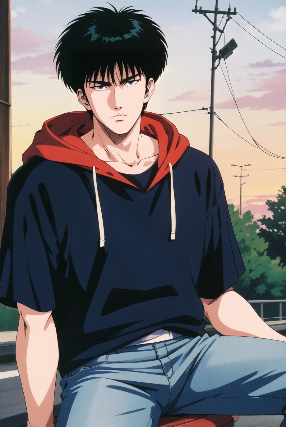 masterpiece,best quality,highres,<lora:Rukawa Kaede:0.6>,1boy,solo,Rukawa Kaede,1990s \(style\),black hair,hooded jacket,t-shirt,pants,road sign,looking at viewer,bicycle,sitting,