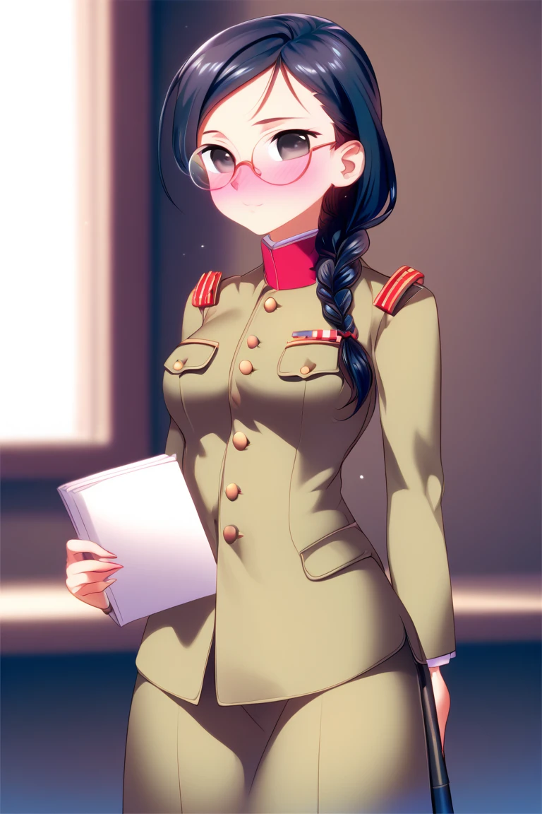 score_9,score_8_up,score_7_up,artbook,game cg,1girl,solo,cowboy shot,((IJA Taisho, khaki uniform, IJA officer, )),holding book,belt,medium breasts,breasts,narrow waist,black hair,single braid,black eyes,round eyewear,glasses,full-face blush,embarrassed,<lora:Koume_Keito_PonyXL_dim32:1:lbw=1,0,0,0,0,0,1,1,1,1,1,1>, <lora:IJAuniformXLv1:1>,