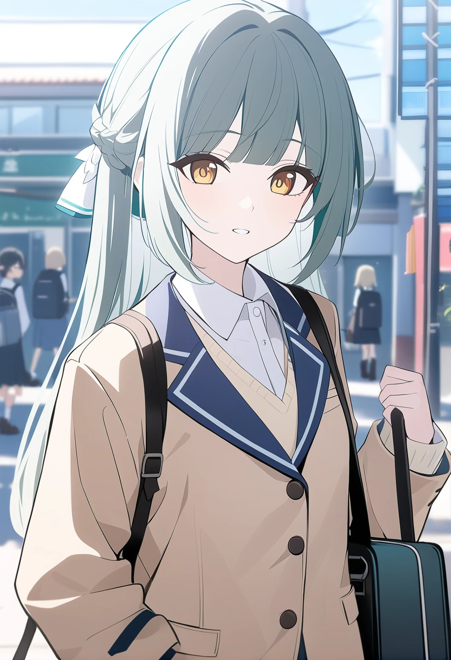 1girl,bluearchive style,solo,luo tianyi,school_uniform,bag,outdoor,upper_body,newest,medium quality,general,masterpiece,<lora:phone_game_v2.2-000140:0.9>,