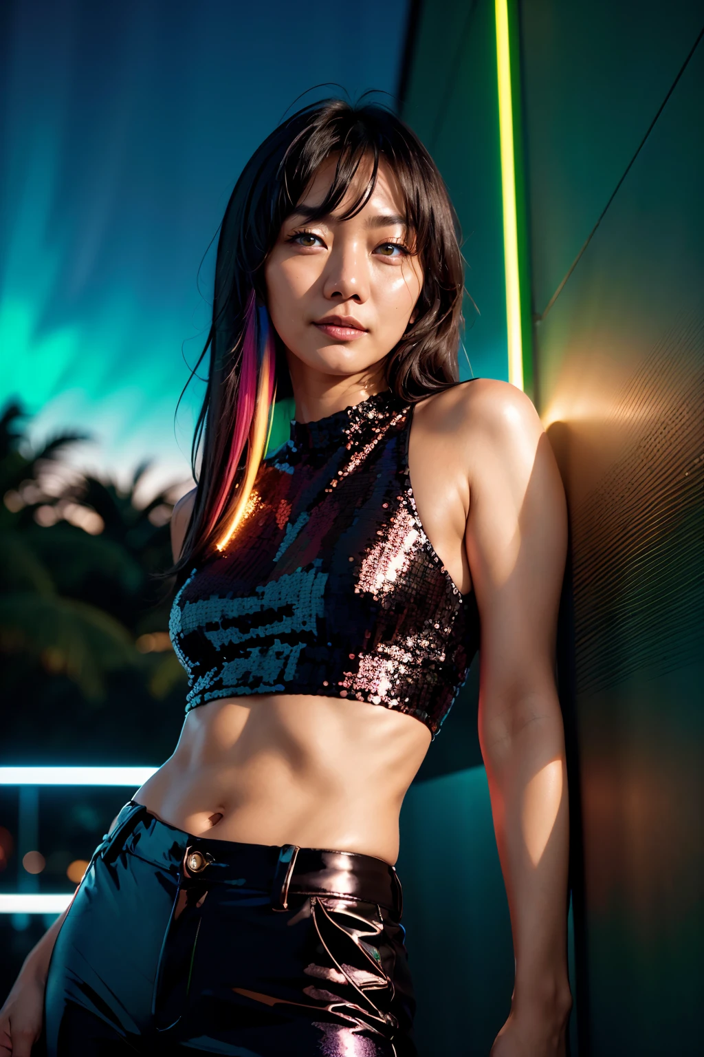 ((seductive pose)), (dynamic angle), outdoors, rave music festival, ((night time, neon colors))
A photograph of (1girl, 35 years old, seductive smile), <lora:ZH_BaeDoona_v1:1>, zh_baedoona, solo, realistic, black eyes, black hair, long hair, looking at viewer, wearing (sequin top and designer pants),