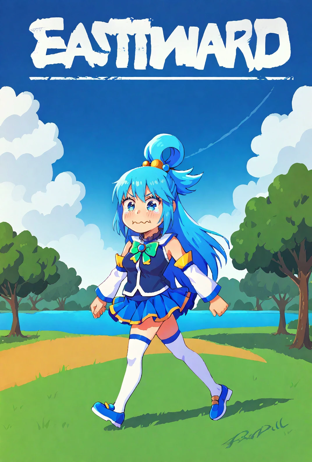 score9, score_8_up, score_7_up, colorful, vibrant, detailed background, solo,full body, <lora:konosuba-aqua-ponyxl-lora-nochekaiser:0.7> aqua, long hair, blue eyes, hair ornament, very long hair, blue hair, hair rings, single hair ring, hair bobbles, skirt, shirt, thighhighs, bare shoulders, detached sleeves, white thighhighs, blue skirt, blue shirt, green bow, <lora:concept_aquacrying_ponyXL:0.7> aquacrying, wavy mouth, closed mouth, tearing up, running, outdoors, trees, grass, blue sky, clouds, large text, <lora:Eastward_Countdown_Poster-000006:1> eastwardposter,
