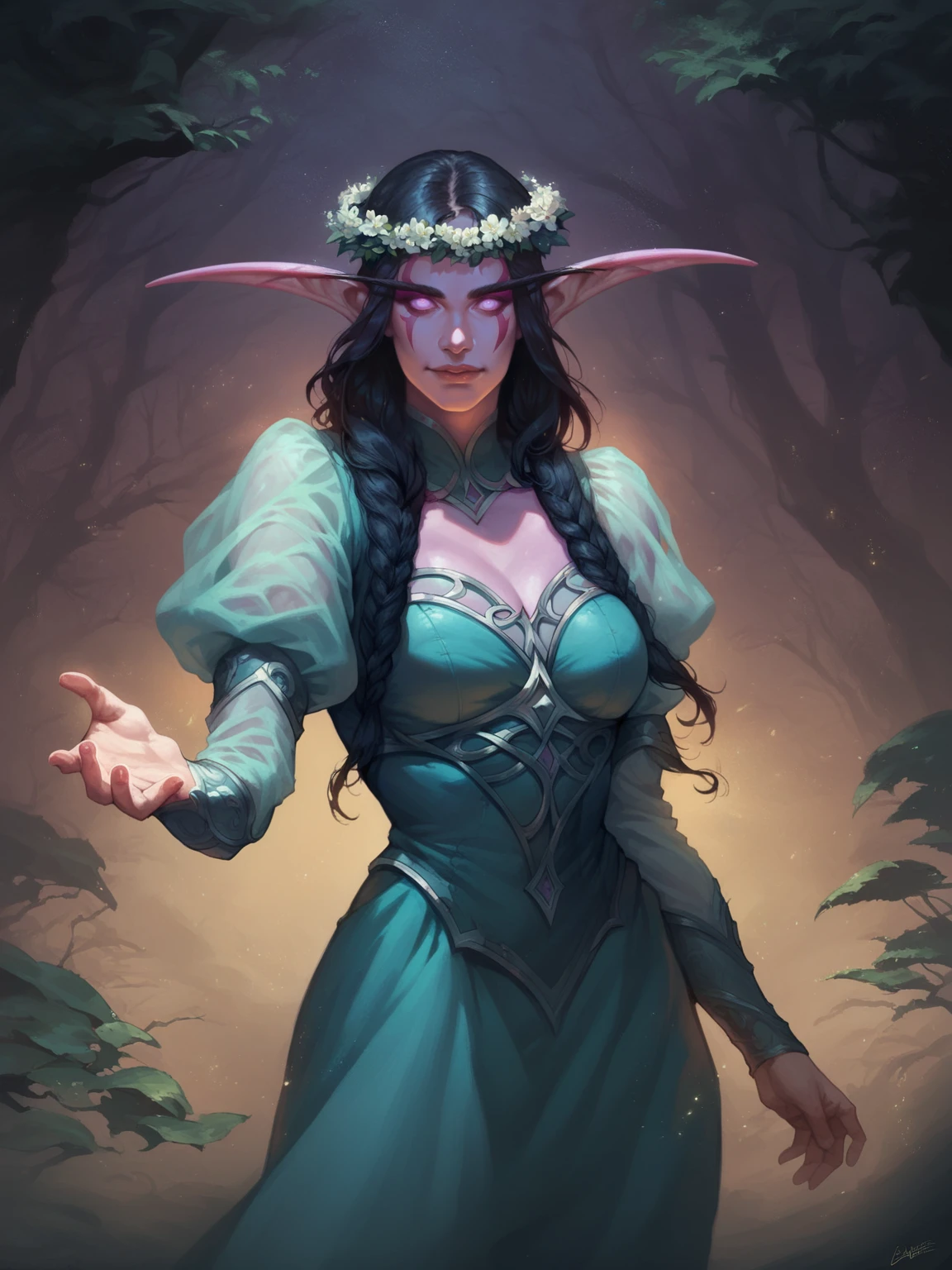 score_8_up, score_7_up, 1girl, beautiful night elf reaching towards viewer, light smile, black hair, purple skin, glowing eyes, ornate cyan dress with puffy sleeves, see-through sleeves, head wreath, particles, dark forest, night, fog, fantasy, <lora:sxz-wowart-smol-v2-pdxl:0.8> wowart style, realistic