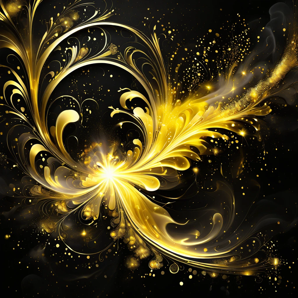 golden patterns, golden and black spirit, liquid gold explosion, golden smoke magic, star dust, golden milky way, black background, magic fog, alcohol ink, stunning digital art object, with splashes of magic inside bright colors and surreal fantasy edge lighting, digital art, bright, beautiful, splashes, sparkling, cute and adorable, filigree fireworks, side lighting, lighting, extreme, magical, surreal, fantasy, digital art , artistic masterpiece,