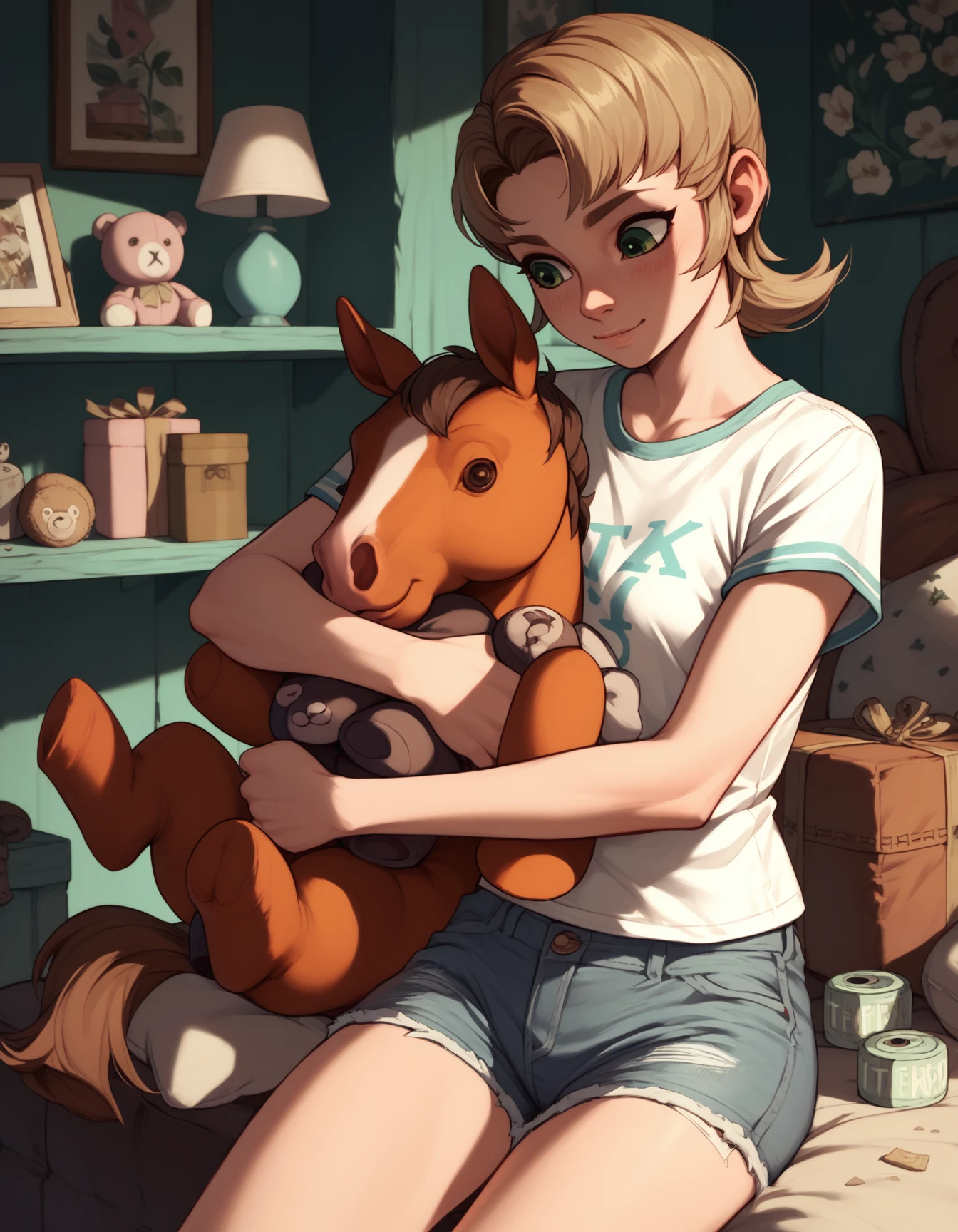 score_9, score_8_up, score_7_up, score_8, score_7, 1girl,
<lora:tp_ilia_tpilia_ponyxl_v1:0.8> tpilia, t-shirt, denim shorts, horse stuffed animal, hugging object, holding stuffed toy, fluffy,