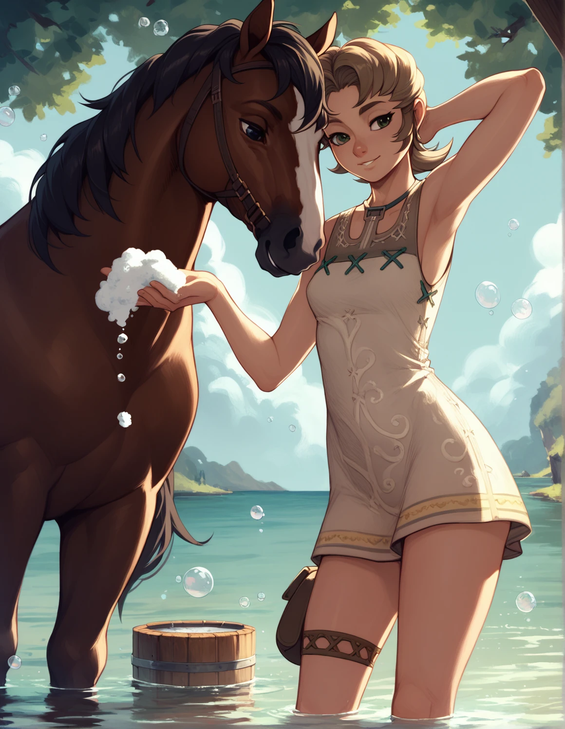 score_9, score_8_up, score_7_up, score_8, score_7, 1girl, (horse:1.2),
<lora:tp_ilia_tpilia_ponyxl_v1:1> tpilia, standing, washing horse, soap bubbles, water,
sunlight, scenery,