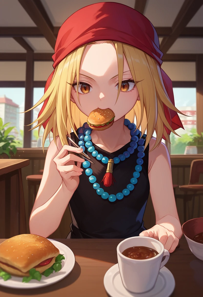 score_9, score_8_up, score_7_up,  1girl,   kyouyama anna, blonde hair, short hair, brown eyes, black dress, bead necklace,  red bandana, sleeveless, pov, cafe, eating,  <lora:Anna DORA-000009:1>