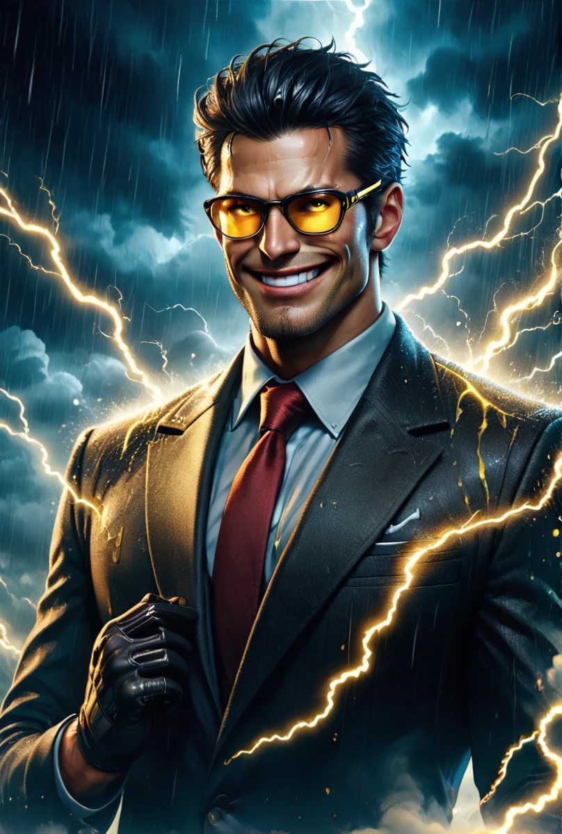 (score_9, score_8_up, score_7_up, score_6_up, score_5_up, score_4_up),
buzzdaddy, score_9, 1boy, male focus, solo, necktie, lightning, gloves, smile, facial hair, cloud, rain, glasses, black hair, grin, shirt, formal, suit, cloudy sky, sunglasses, upper body, red necktie, jacket, sky, electricity, black gloves, collared shirt,overalldetail,  <lora:buzzdaddy_pony_r1:0.6>