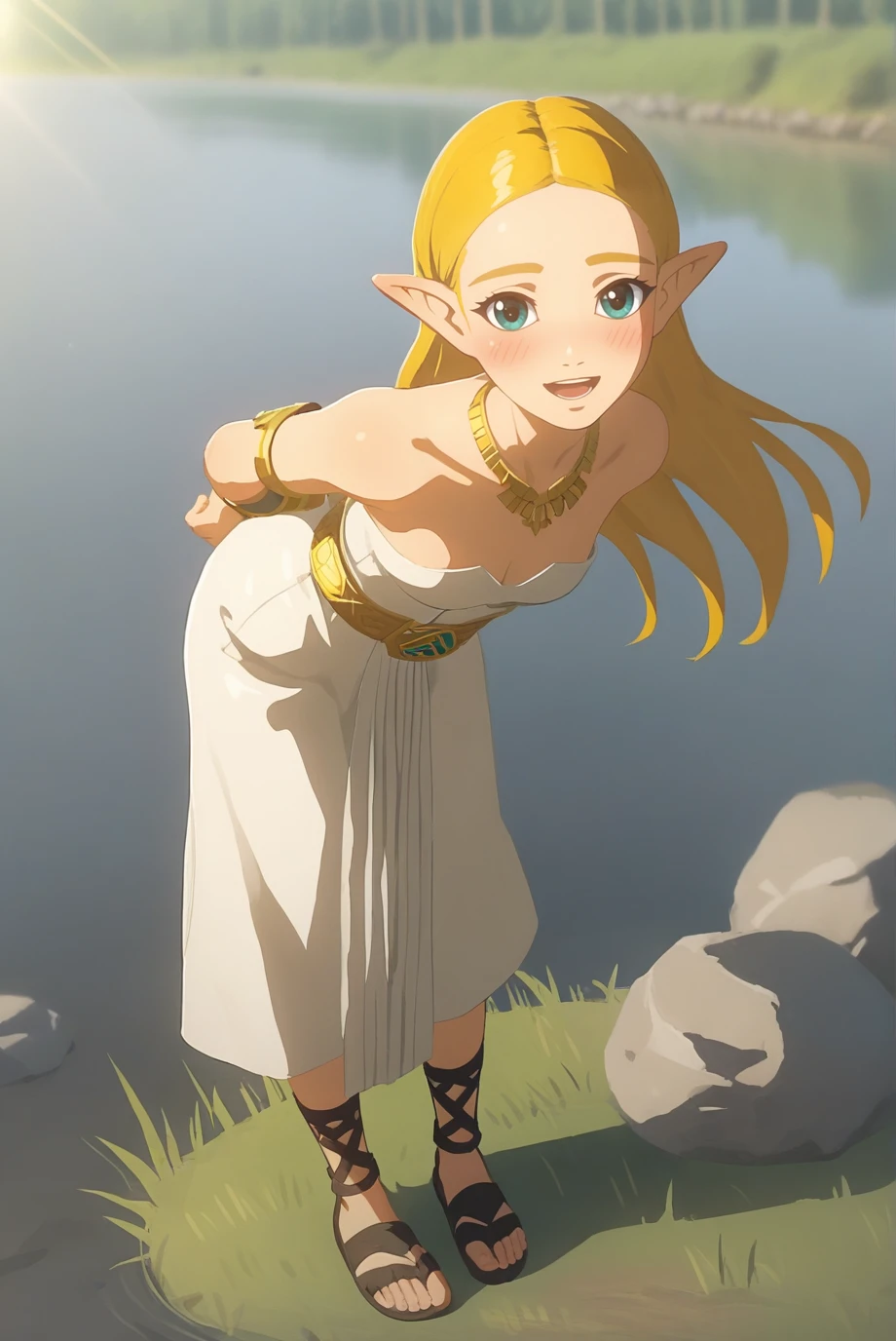 score_9, score_8_up, score_7_up, score_6_up, score_5_up, score_4_up, BREAK source_anime, 1girl, solo,
<lora:ZeldaXL-v2-07:0.8>, ChopioZelda, blonde hair, aqua eyes, pointy ears, looking at viewer, 
medium breasts, 
long hair,
outfit_2, white dress, strapless dress, bare shoulders, necklace, gold chest belt, triforce, gold bracer, black sandals, full body, 
nature, lake, smile, open mouth, happy, blush, light rays, reflection, arms behind back, leaning forward, grass, rocks,