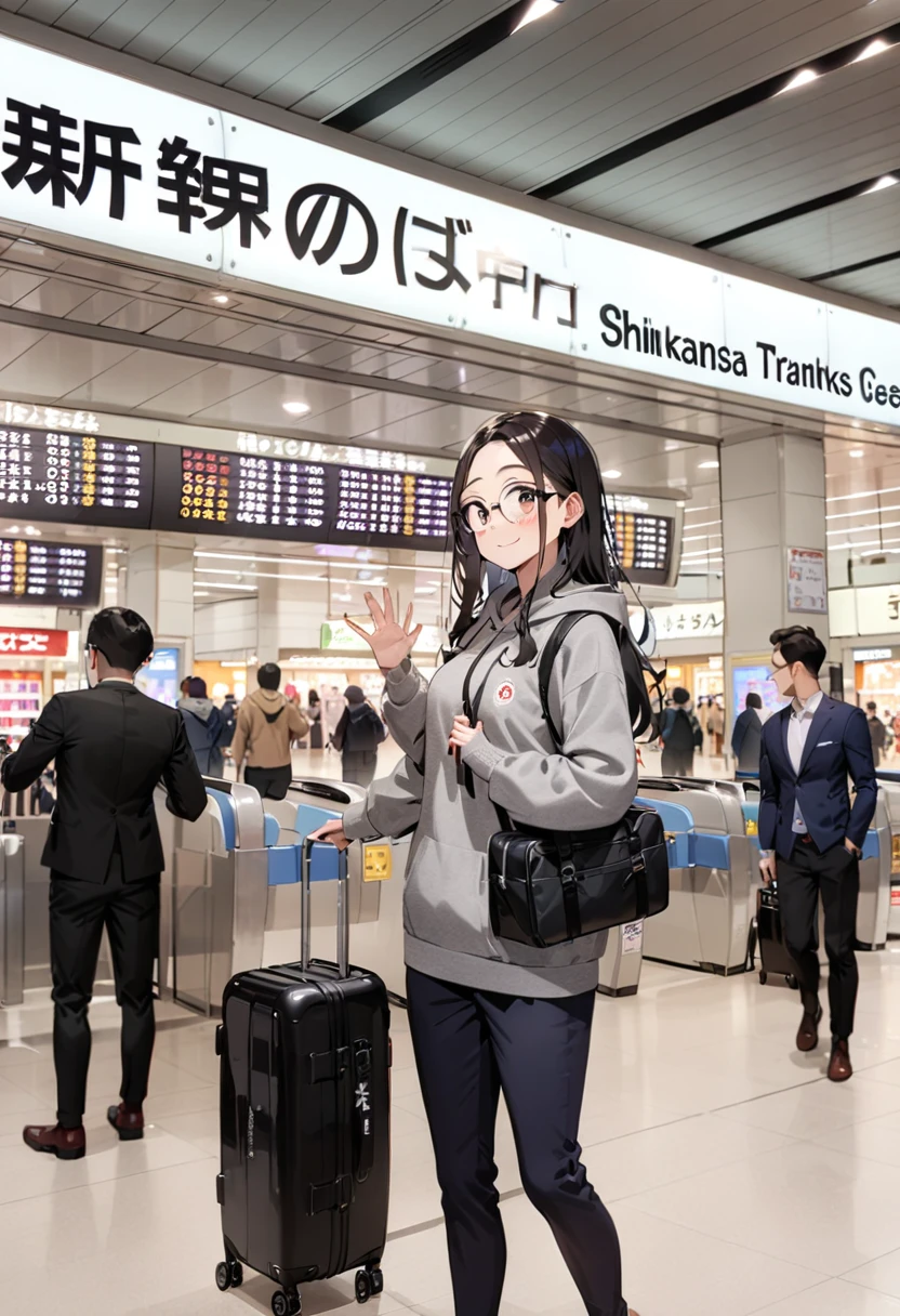 masterpiece, best quality, very aesthetic, absurdres,
1girl, solo, glasses, black hair, long hair, hoodie, pants, rolling suitcase, smile, looking at viewer, solo focus, waving,
shinosaka, chuoguchi, ticket gate, multiple boys, 6+boys, scenery, shop, indoors
<lora:shinosakaeki_chuoguchi_SDXL_V1:0.8>
