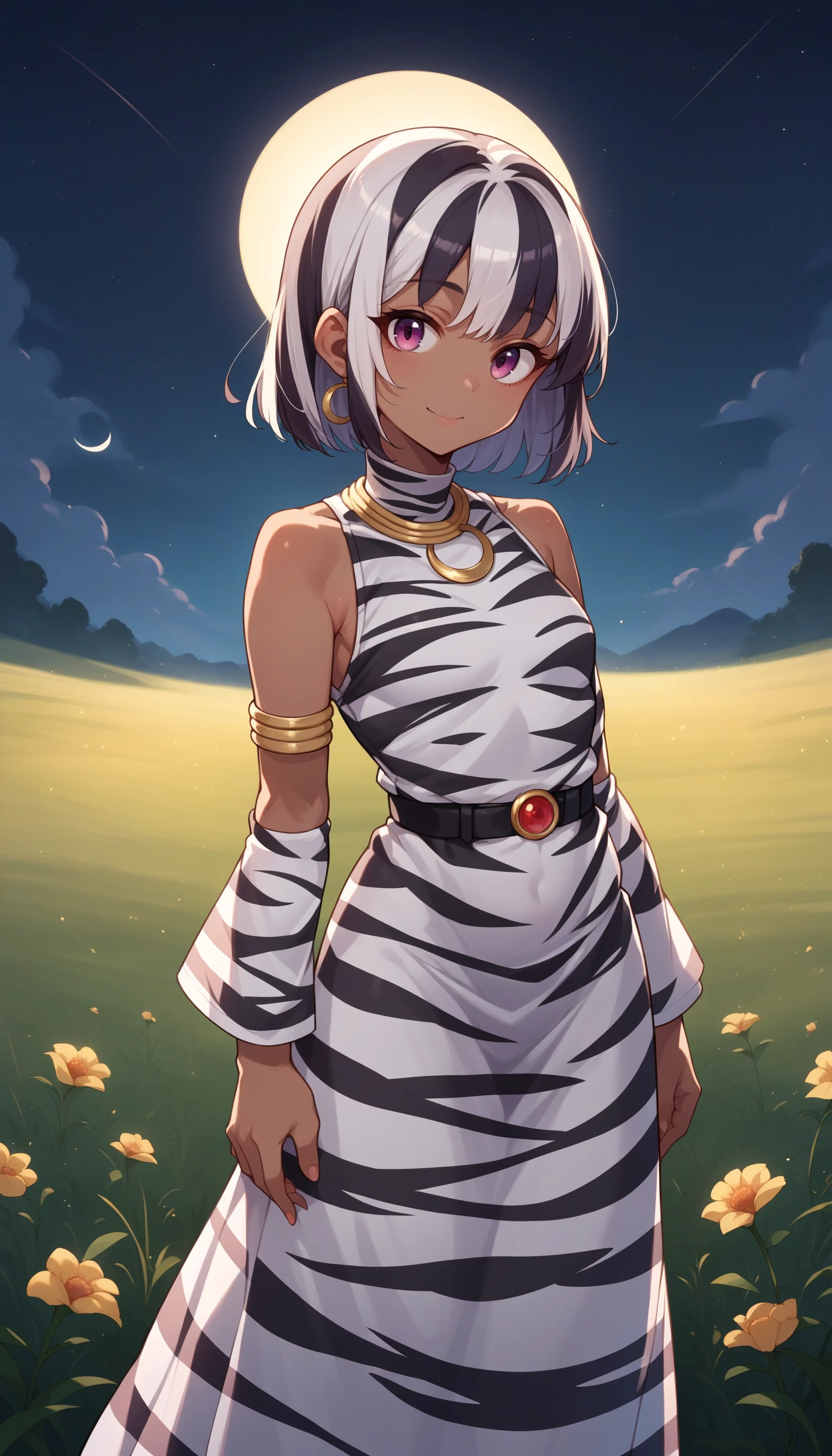 score_9, score_8_up, score_7_up, source_anime, 1girl, upper body, looking at viewer, detailed, zebra print, dress, long skirt, standing in a field, dark colors, night, eclipse, light smile