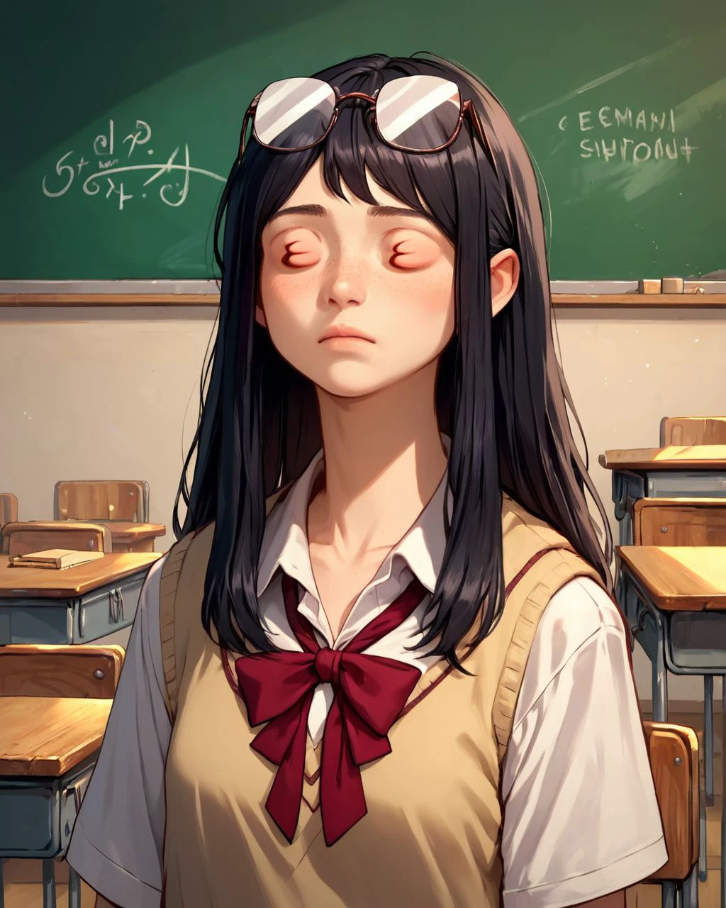 <lora:33:0.8> 3_3, closed eyes, 1girl, long hair, black hair, nerdy, school uniform, classroom, eyewear on head,, score_9, score_8_up, score_7_up, score_6_up, score_5_up, score_4_up, ponypositive,