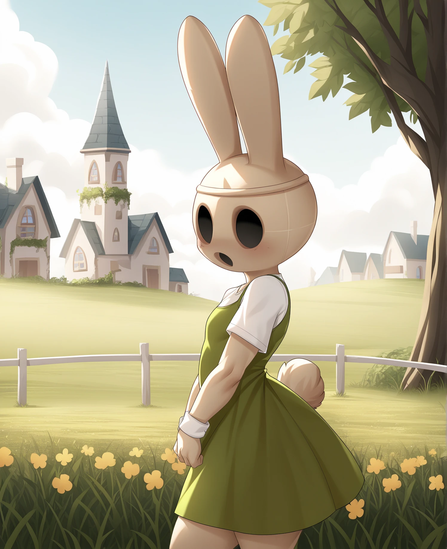 score_9, score_8_up, score_7_up, score_6_up, score_5_up, score_4_up, source_furry, vd5g, zcd, coco \(animal crossing\), animate inanimate, gyroid, lagomorph, leporid, mammal, rabbit, anthro, biped, black eyes, clothed, clothing, empty eyes, female, noseless, open mouth, green clothing, dress, solo, standing, topwear, detailed background, outside, field, village, island, looking at viewer, simple eyes, simple face, from side, side view
<lora:coco_pdxl:1>