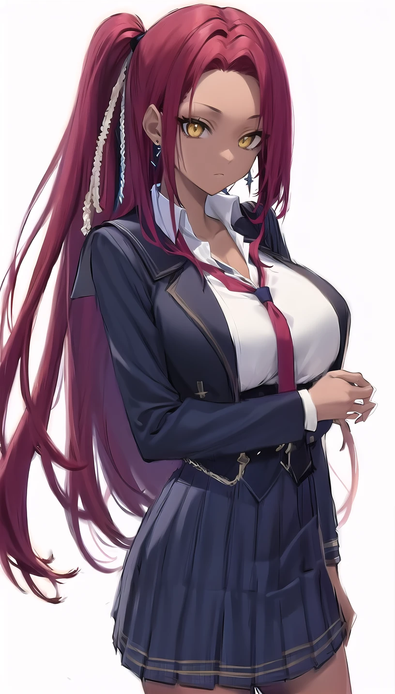 side ponytail, red hair, yellow eyes,dark-skinned female,
hair ribbon, earrings,
(school uniform:1.28),
lady,mature female, cowboy shot,
(white background,simple background:1.18),
highres,official art,original,masterpiece,best quality,
(huge breasts:0.8),
<lora:æ³è¦æä¸ºå½±ä¹å®åè
-妮å¨:0.8>