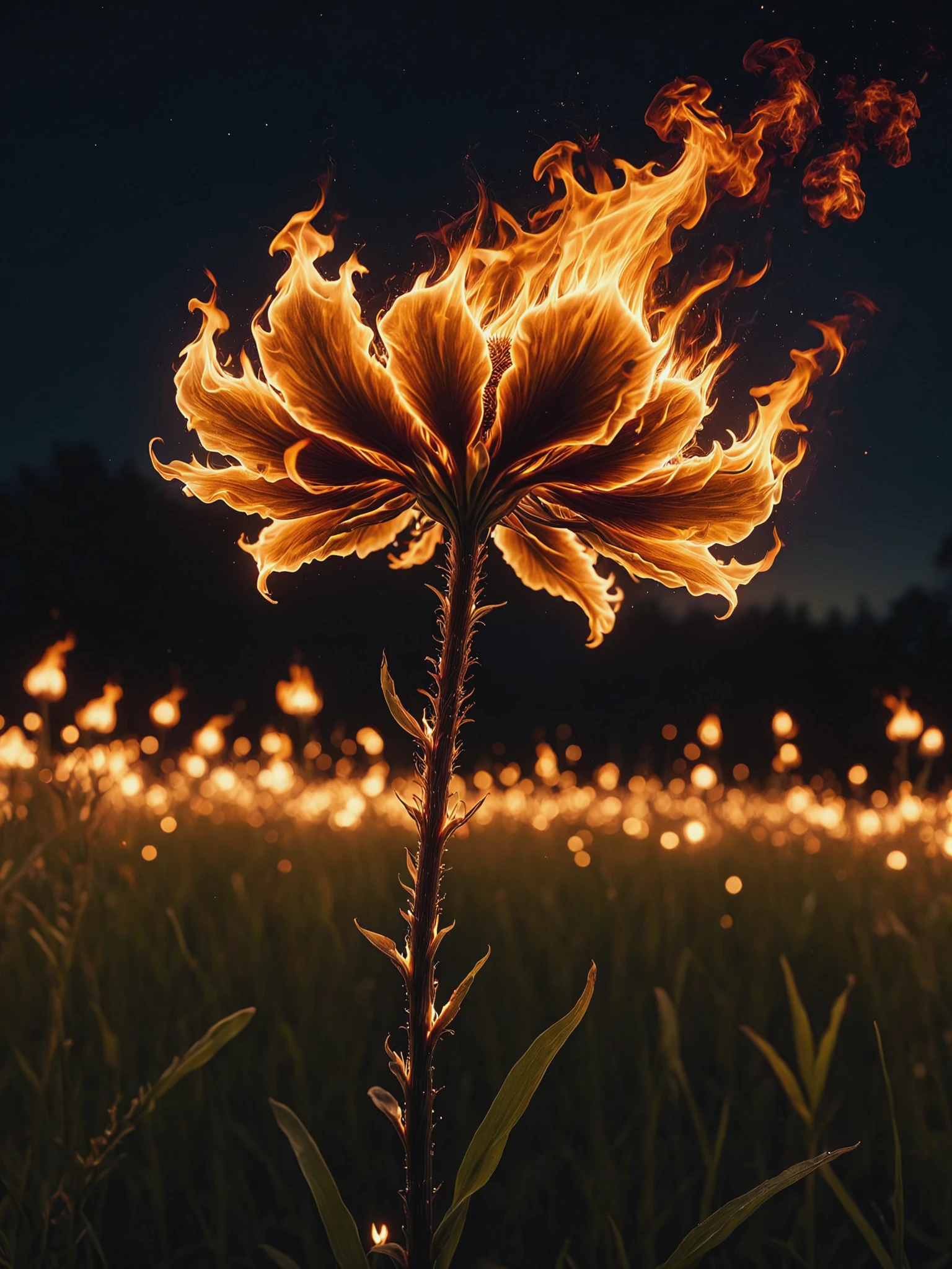 flower dissolves into mad-flames, lush meadow in background, night <lora:Flames_SDXL:0.8>, raw photo, film grain, Fujifilm XT3, (photorealistic, realistic:1.2), deep shadow,  8k, uhd, dslr, ultra high res