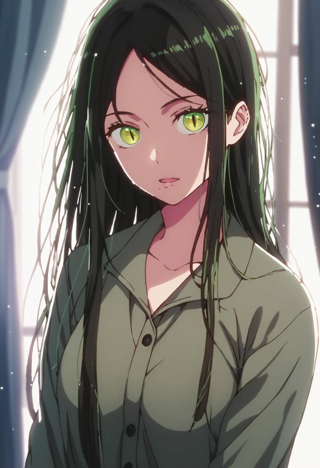 <lora:shiranuifrill_ponyxl_v4.2_dim8-step00001000:1>, shiranuifrill, solo, 1girl, green eyes, slit pupils, black hair, green hair, long hair, black pajamas, messy hair,
BREAK
score_9, score_8_up, score_7_up, score_6_up, anime, (high quality, detailed, beautiful), shiny, detailed beautiful eyes, outstanding, countershading, detailed soft lighting