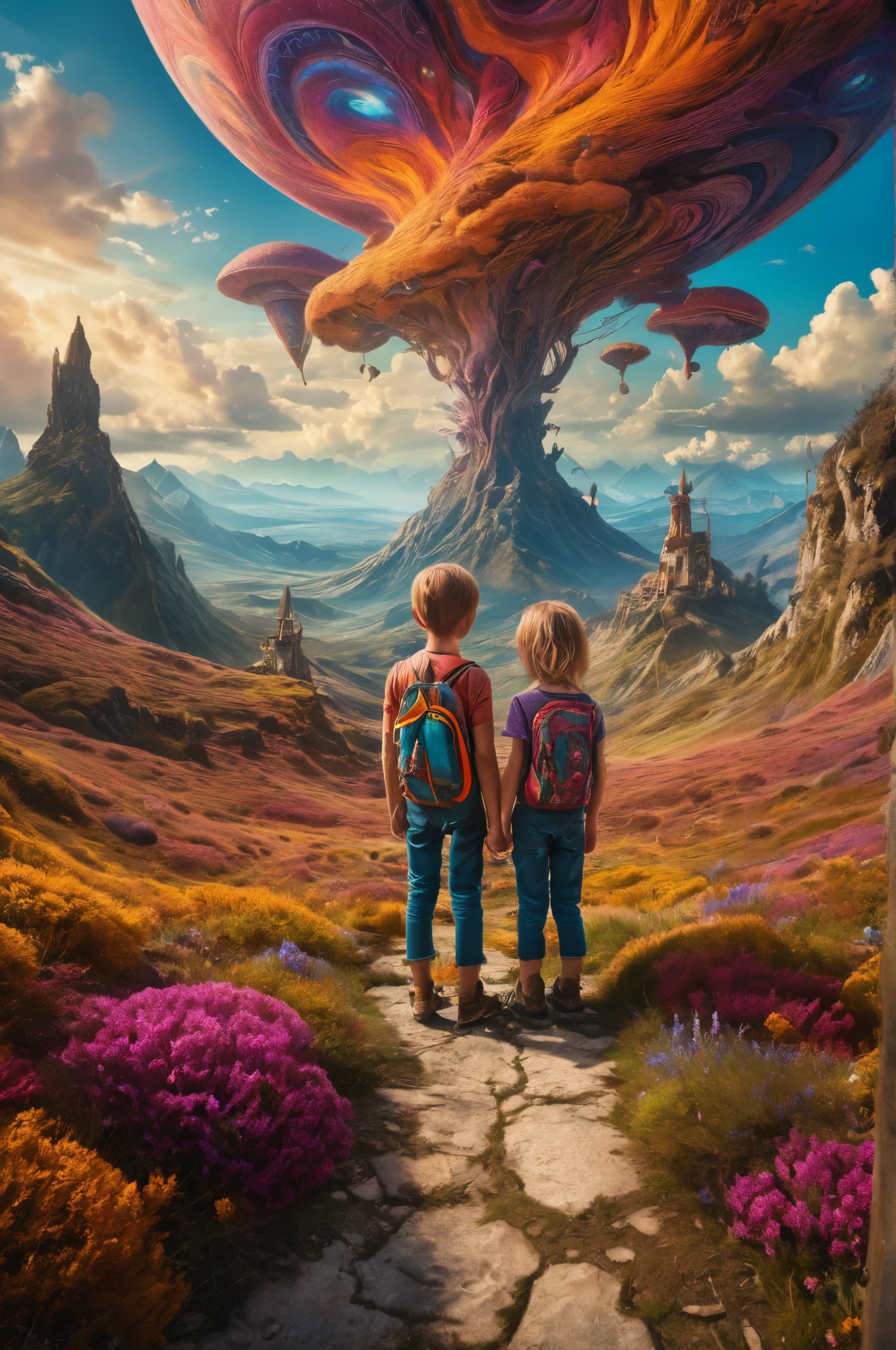 Wide angle digital photo,Two siblings filled with excitement,(Epic journey through a fantastical realm:1.3),Vibrant colors,Otherworldly landscape,(Intricate details:1.2),Surreal elements,Adventurous spirit.,<lora:add_detail:0.8>,