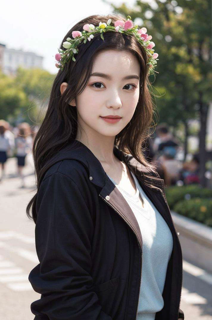 irene, 1girl, a young woman, upper body, (looking at viewer:1.3), (schoolgirl jacket), (flower crown), (beautiful city, beautiful sky background), natural skin color, (closed mouth:1.2), (medium breast), floating hair, beautiful expression, face detailed, eyes detailed, iris detailed, masterpiece, best quality, photorealistic, hyper realistic, ultra detailed, perfect lighting, depth of field, shadows, highres, <lora:sayhello0o-v1-rvirene:1>