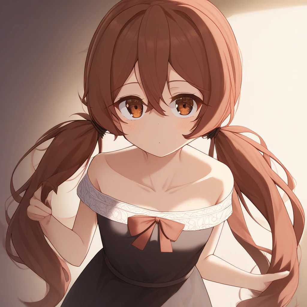 medium-sized chest, long hair, 1girl, hair between eyes, collarbone, auburn-brown eyes, auburn-brown hair, twintails