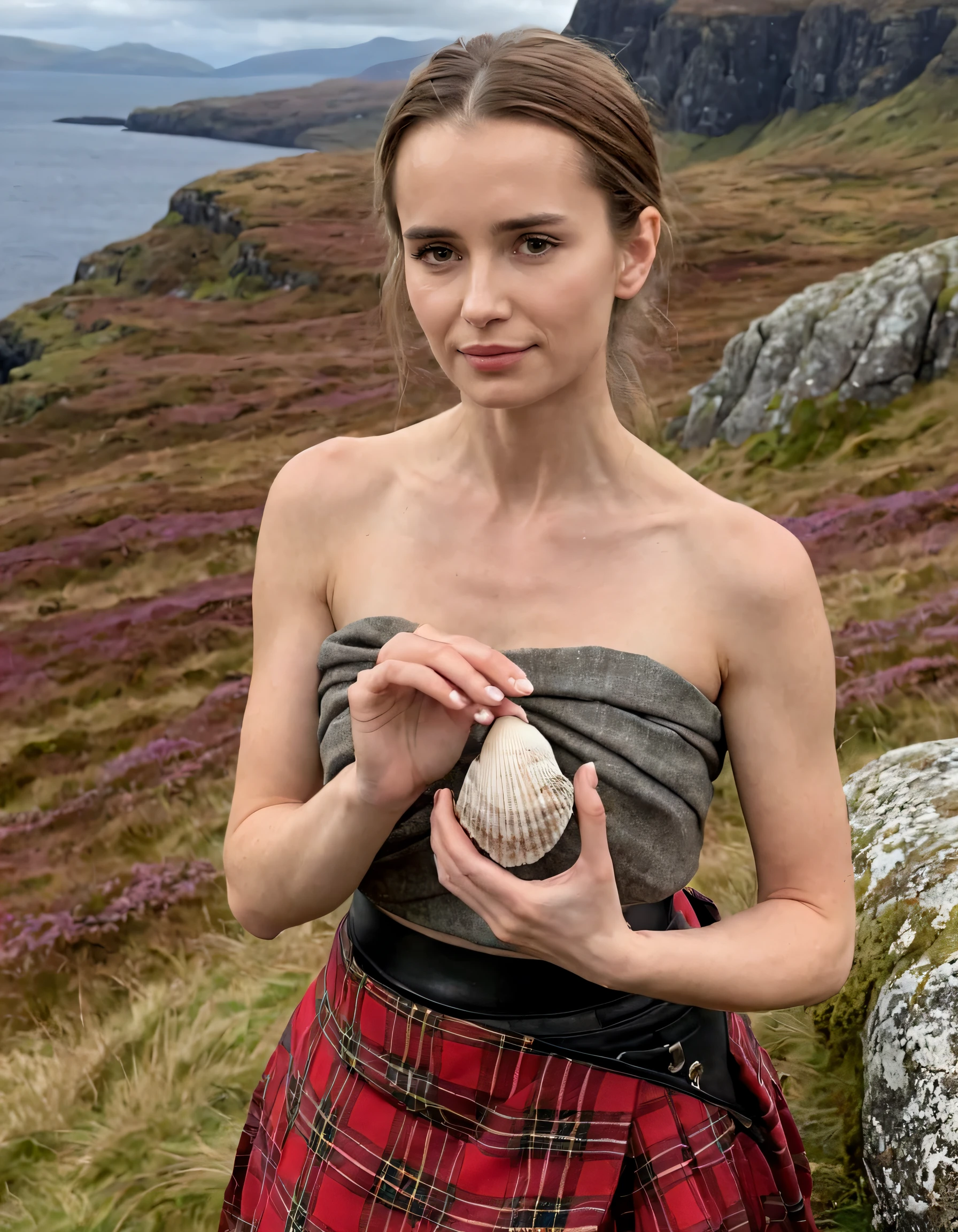 On the rugged shores of the Isle of Skye in Scotland, Sofia stood, resplendent in her tartan ensembleâa kilt adorned with golden threads and red stitching against a backdrop of heather and mossy terrainâunder the shadow of ancient cliffs that whispered tales of yore, holding a weathered seashell in one hand and gracefully draping her other over an intricately patterned cairn, her expression exuding a serene determination befitting this enchanting location. <lora:njywtl18f1c11aba7t7:1>