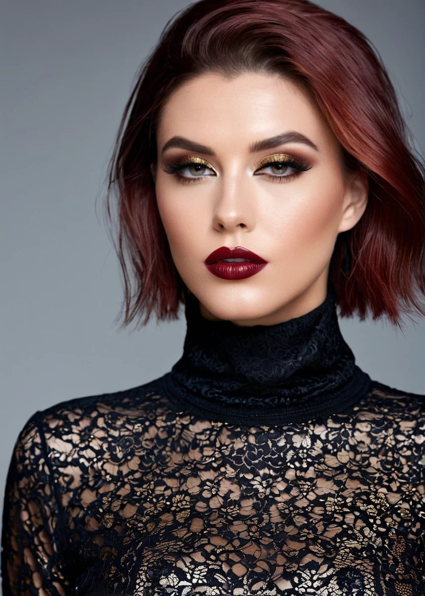 fashion editorial style, (((full body))) of A captivating masterpiece of an woman, (((dressed in a turtleneck Blouse))), The intricate lace and gold details exude a very rebellious aura. ((A bold and daring makeup look featuring ombre lips that transition from a deep, dark red at the center to a glossy black at the outer edges. The lips are expertly lined and filled in with precision, creating a gradient effect that is both edgy and sophisticated)). ((The use of high-shine gloss adds a touch of glamour and dimension to the look)), ((while the deep red and black hues give it a dramatic, vampy vibe)), low-key photography:1.3, one rim side light, narrow lighting, only one light source, facing camera, shallow depth of field, high fashion, trendy, stylish, editorial, magazine style, professional, highly detailed, 8K, <lora:MS_SaraStone_V1_SDXL:0.8>