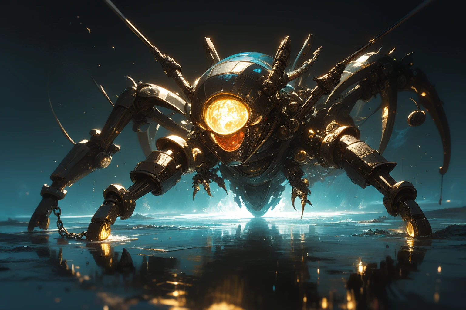 1 a mechanical (spider:1.2),mecha,<lora:Zfh_Super_composition:0.3>,togare,gem,crystal,chain armor,black_background,glowing,reflection,
