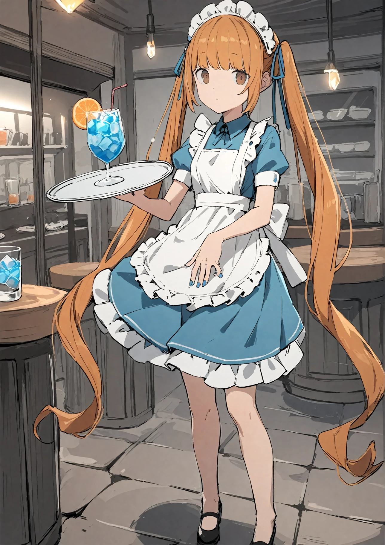 1girl, 
aiamu iamu, 
holding, standing, full body, brown eyes, tray, fingernails, indoors, holding tray, maid headdress, long hair, very long hair, drinking glass, cup, looking at viewer, dress, cocktail glass, short sleeves, shoes, food, black footwear, twintails, solo, maid, plate, holding plate, orange hair, ribbon, blue nails, ice, blue dress, closed mouth, ice cube, white apron, blue ribbon, apron, 
masterpiece, best quality, absurdres, highres, safe
 <lora:aiamu_iamu_image45_2024-03-28_a31-000040:1>