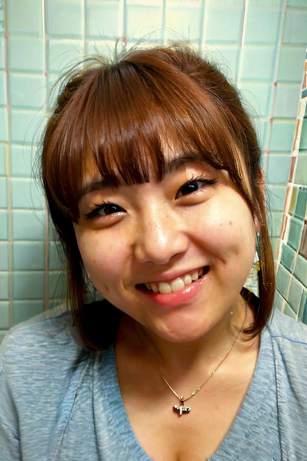 <lora:PacificGirls_no.813:0.8>a photo of a [plump] japanese woman named pacificgirls_no.813, solo,brown hair, looking at viewer, grin,blunt bangs, teeth,facing viewer, (face close-up:0.8),wearing shirt,wearing necklace,bathroom background,tile wallfilm grain,cinematic, <lora:PornMaster-AmateurV6+sdsFILM_v5:0.35>, <lora:pornmaster_dpo+braV7:0.35>,  masterpiece,best quality,best aesthetic