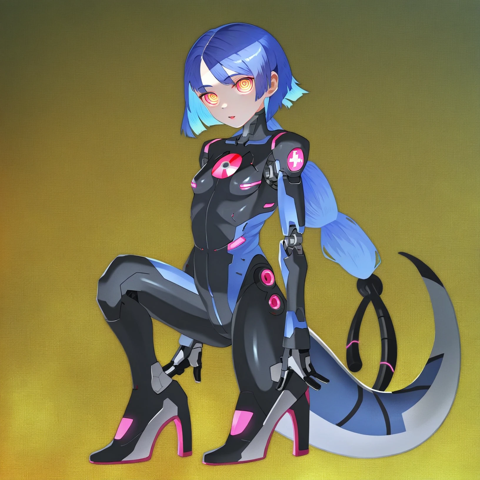 <lora:Atsushi_Ohkubo_Style_1_V_1.1-000001:1>, woman, cyborg suit, large eyes, glowing eyes, blue hair, full body shot, mosaic pattern background, art by Atsushi Ohkubo