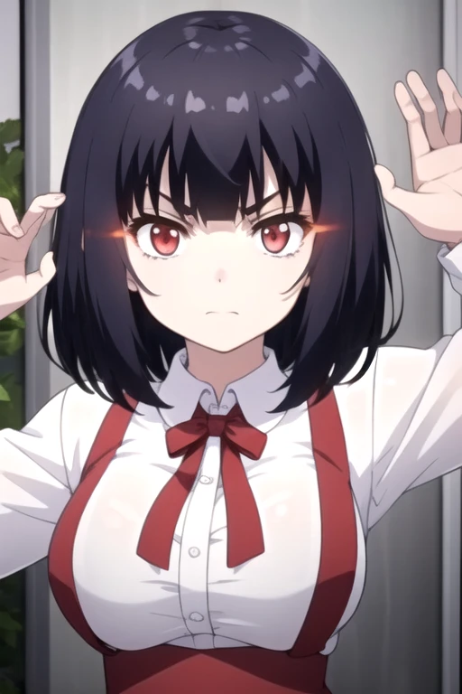 ((masterpiece)),(best quality),official art,extremely delicate and beautiful,extremely detailed CG,unity 8k wallpaper,ultra detailed,beautiful detailed eyes,extremely detailed face,outdoors,1girl,solo,upper body,(portrait:1.5),looking at viewer,facing viewer,serious,(petite:1.2),short hair,black hair,red eyes,glowing eyes,bangs,school uniform,collared shirt,white shirt,long sleeves,open hands,large breasts,suspender skirt,red skirt,white socks,loafers,<lora:Hanako(remake):0.8>,