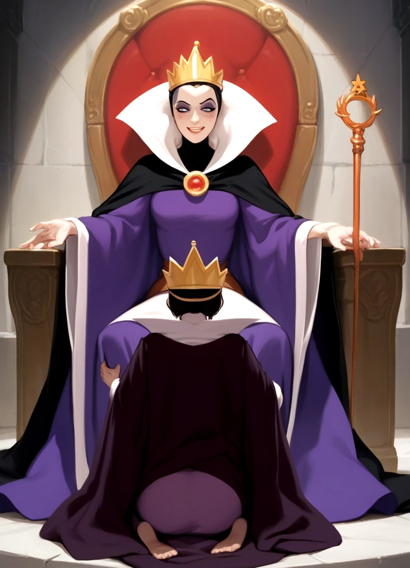 grimhilde, cape, cloak, crown, dress, makeup, robe,
throne room, sitting on throne, wicked smile, holding golden scepter, skirt lift,
1girl, servant girl, kneeling between legs, implied cunnilingus,
BREAK
score_9,score_8_up,score_7_up,source_cartoon,
<lora:evil_queen_grimhilde-000045:1>
