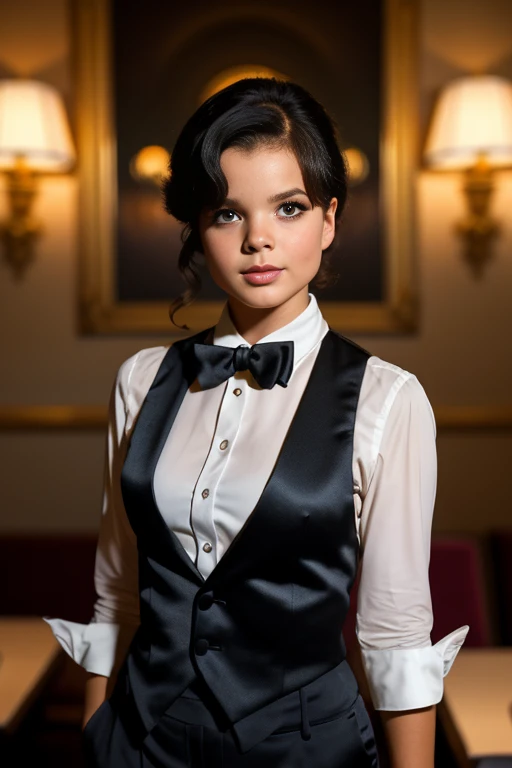 UshGl4TTXV1A,
a beautiful woman posing for masterpiece photo, wearing a black tuxedo vest and a white shirt and black bow tie around her neck, (restauant ambience:1.2),
(Hasselblad X1D II Digital), (professional photo shooting), (model pose), (highly detailed facial features),
(perfect color grading), (natural light), (high quality photography), (intricate details), (8k), (HDR), (sharp focus), (medium view:1.2)