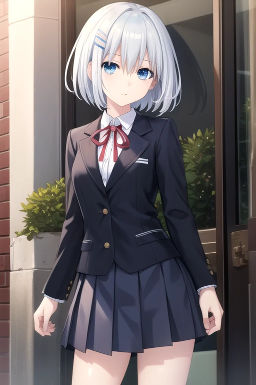 ((masterpiece)),(best quality),official art,extremely delicate and beautiful,extremely detailed CG,unity 8k wallpaper,ultra detailed,beautiful detailed eyes,extremely detailed face,outdoors,1girl,solo,cowboy shot,looking at viewer,facing viewer,deadpan,tobiichi origami,short hair,aqua hair,hairclip,hair between eyes,bangs,blue eyes,school uniform,black jacket,white shirt,collared shirt,red ribbon,medium breasts,long sleeves,pleated skirt,miniskirt,blue skirt,white socks,loafers,<lora:Tobiichi Origami(dal)>,<lora:TSNeptunia-000045:0.5>,
