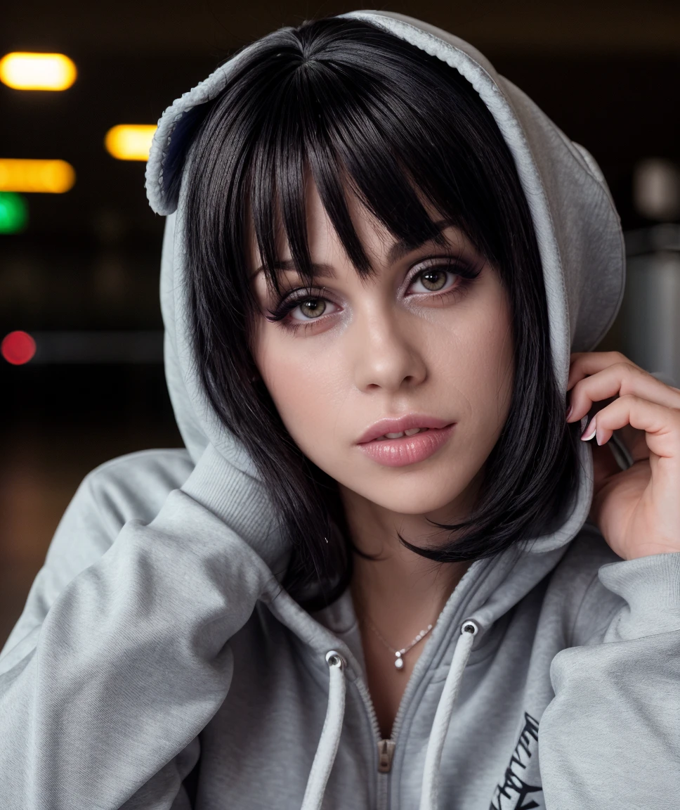 cinematic photo , 1girl, realistic, looking at viewer, <lora:quiron_SarinaValentina_v1_lora:0.87> SarinaValentinaQuiron woman,  1girl, solo, close-up, airport, at Midnight hour, wakamezake, amber hair, Hairpins, hair slicked back, silver eyes, mature female, milf, animal hoodie, brown pants, short boots, large breasts, pupils sparkling,  . 35mm photograph, film, bokeh, professional, 4k, highly detailed