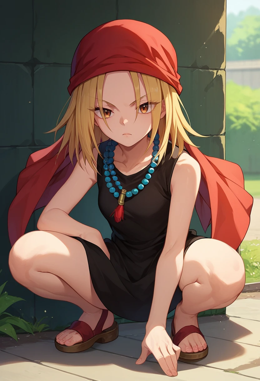 score_9, score_8_up, score_7_up,  1girl,   kyouyama anna, blonde hair, short hair, brown eyes, black dress, red bandana, bead necklace, sleeveless, squatting, geta, outdoors, front view,     <lora:Anna DORA-000009:1>