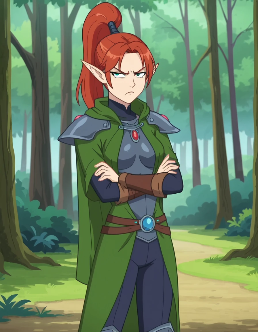 anime_screencap,1girl,solo,yrlietrt, <lora:YrlietPony:0.7>,Armor,pants,cape,high ponytail,elf,standing,scowling,crossed arms,in forest,medium breasts