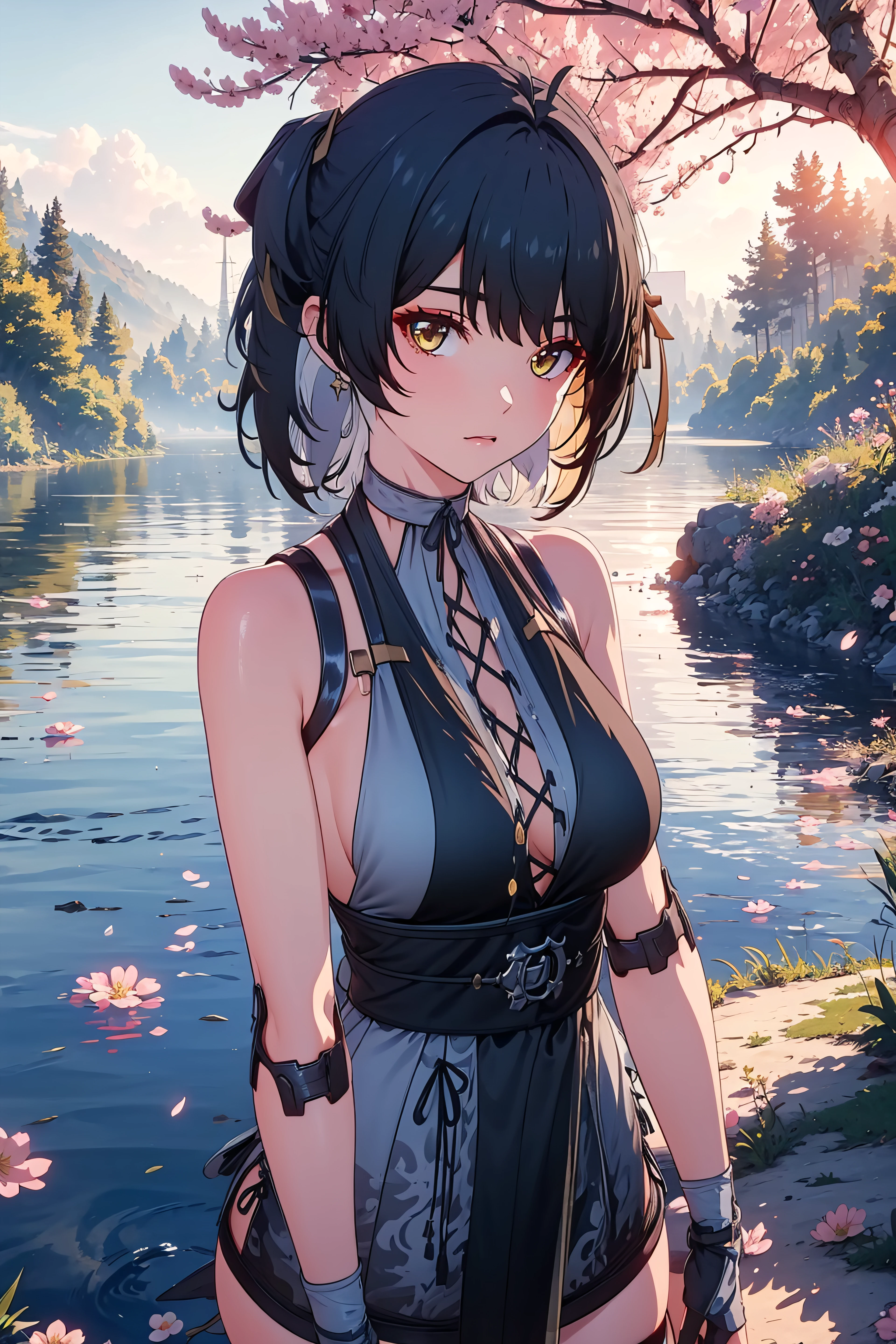 ((masterpiece)),(highres:1.1),4k , 8k,HD,(ultra detailed),vivid colors,lights, sharp focus,ray tracing, HDR, ,perfect lighting,best quality, depth of field,looking at viewer,bright,shiny skin, (lights:0.8), 3d,lighting, glistening shiny, glowing light,
femaleroverdef, thighhighs, gloves, bare shoulders, shorts, sleeveless, black thighhighs, fingerless gloves,ahoge,thighhighs, upper body,
forest, cherry blossoms, lake, mist, river, lake,