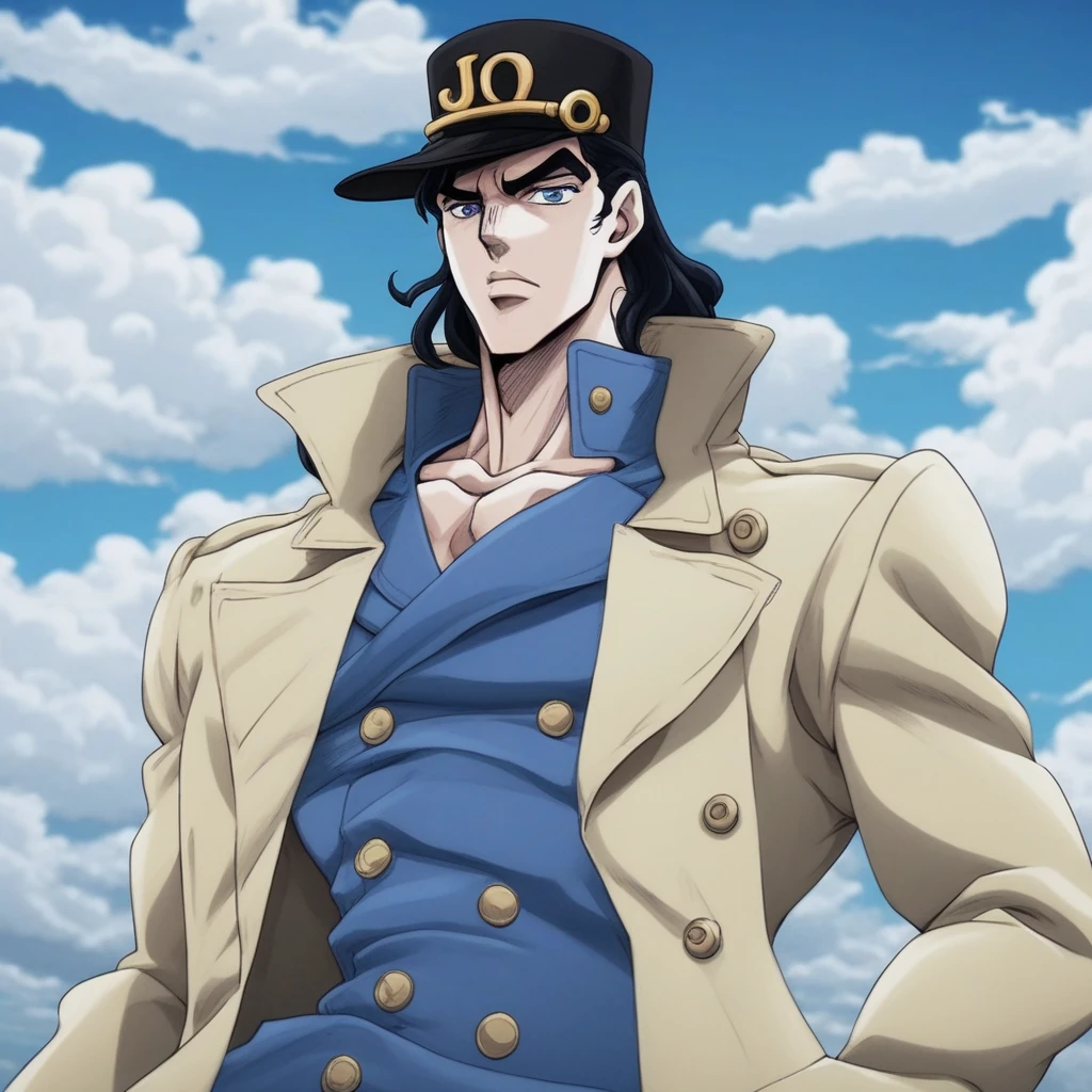 JoJo style, JoJo's Bizarre Adventure, tall male, trench coat, anime, sky, clouds, fake screenshot, official style, jojo, long hair, black hair, beret, sideburns, blue eyes, anime shading, 1boy,