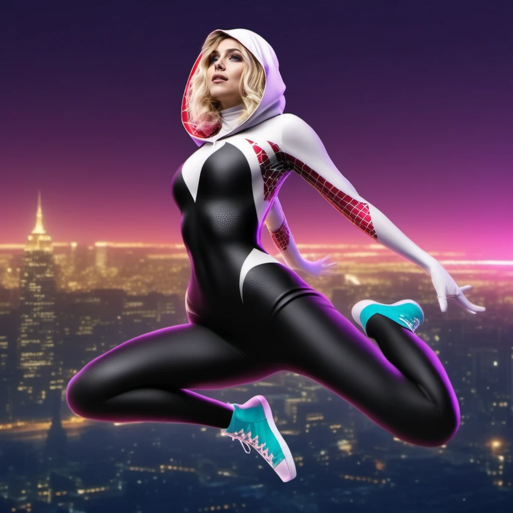 cinematic photo a full body blond woman, wears a hooded bodysuit, jumping, night, city lights background <lora:SpiderGwen1024:0.9> . 35mm photograph, film, bokeh, professional, 4k, highly detailed