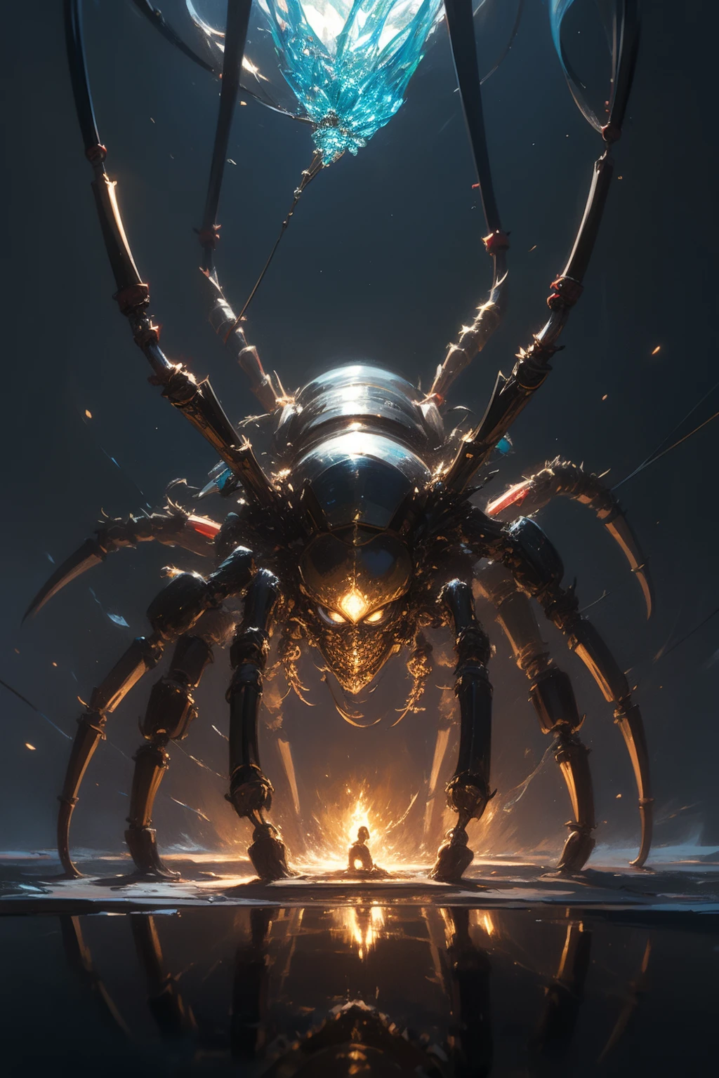 from below,1 a mechanical (spider:1.2),mecha,<lora:Zfh_Super_composition:0.3>,togare,gem,crystal,chain armor,black_background,glowing,reflection,