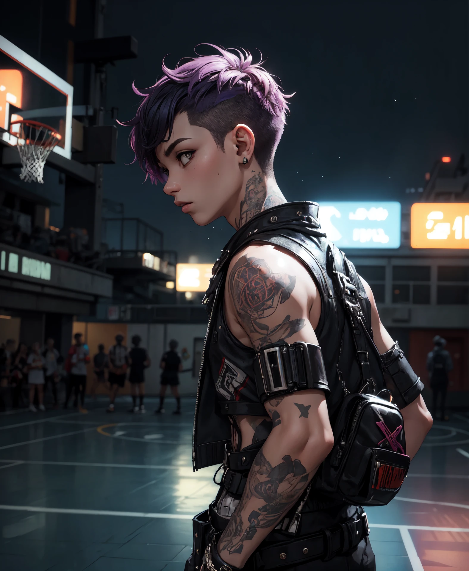((stylized image, abstract background, punk outfit, 1boy, outdoor basketball court scene, night, vibrant colors, reflective, belted, accessories, straps, attitude, from the side, looking up, profile, close-up)), ((8k, best quality, masterpiece, Rule of thirds)), ((light play, shadow play)),