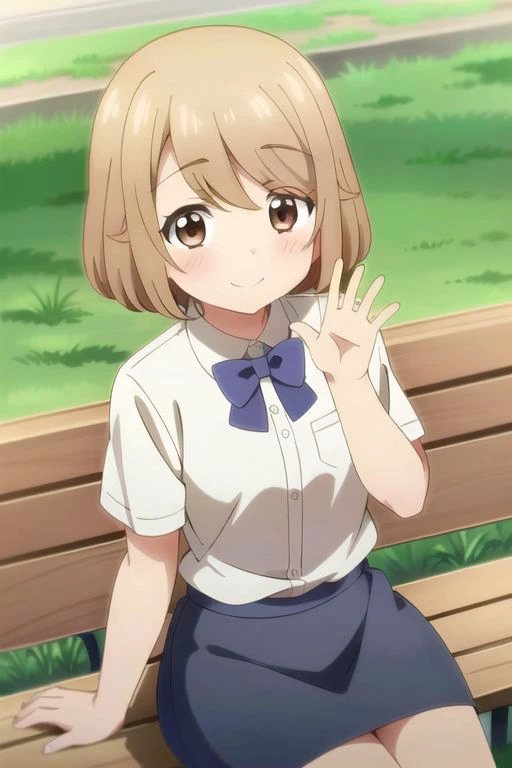 tsumugi tsutsumi, brown hair, short hair, brown eyes, 1girl, solo, sitting, smile, waving, bench