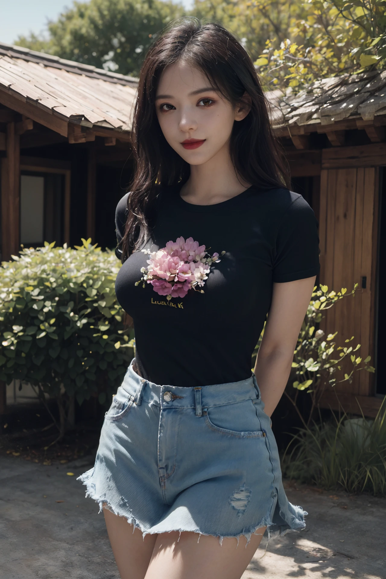 (4k, best quality, highres, absurdres, masterpiece:1.21), (realistic:1.431), detailed and intricate,
cinema light, (authentic skin texture:1.3),
1girl, perfect body, medium breasts, shiny skin,
light smile, arms behind back,
t-shirt, denim skirt, tight clothes, tight-fitting,
courtyard, flower, petals, lotus, wooden house, stone,
<lora:add_detail:0.3>, <lora:girlslike_zyx5:0.7>