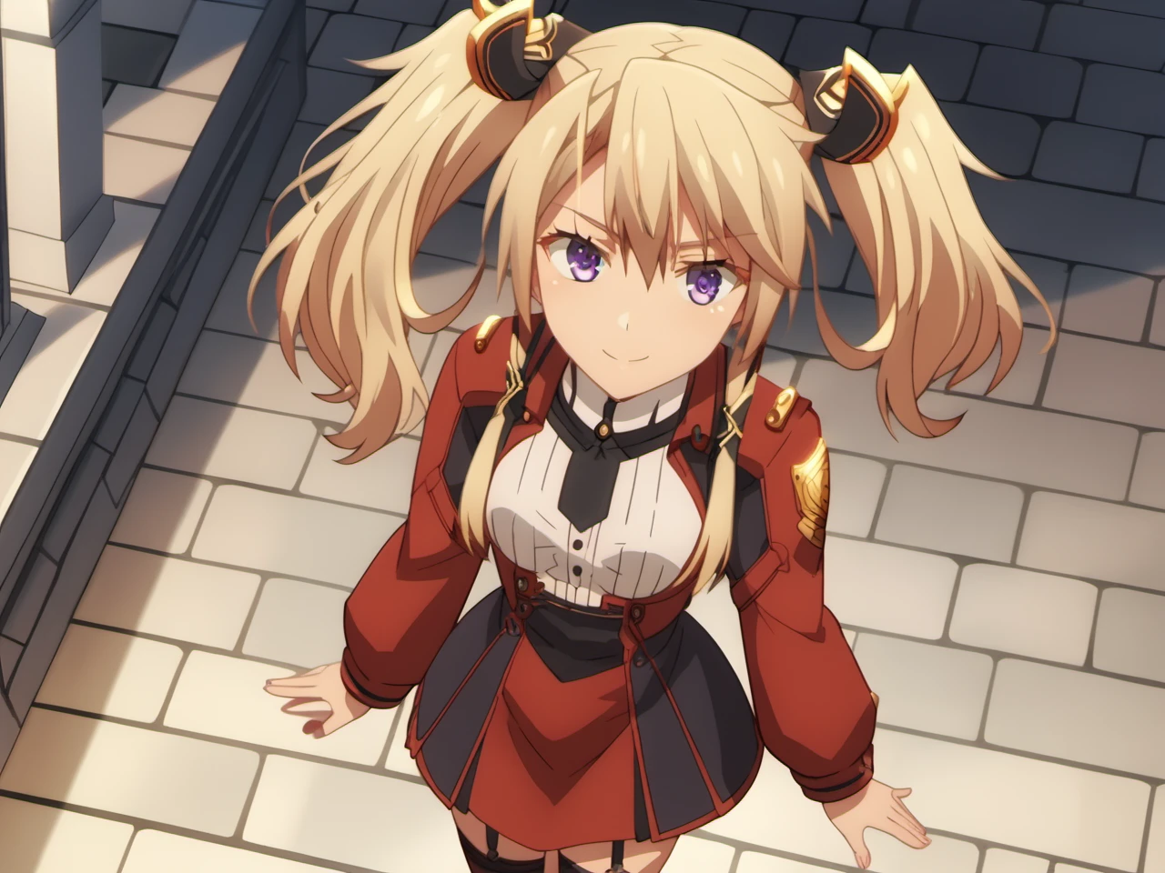 SashaNecron, blonde hair, twintails, solo, uniform, black thighhighs, garter straps, hair ornament, light smile, purple eyes,short tie, red uniform, long sleeves, score_9, score_8_up, score_7_up, score_6_up, source_anime, <lora:NecronSistersSDXL-32-32-C-bf16:1>, fantasy, castle, perfect lighting, anime screencap, from above