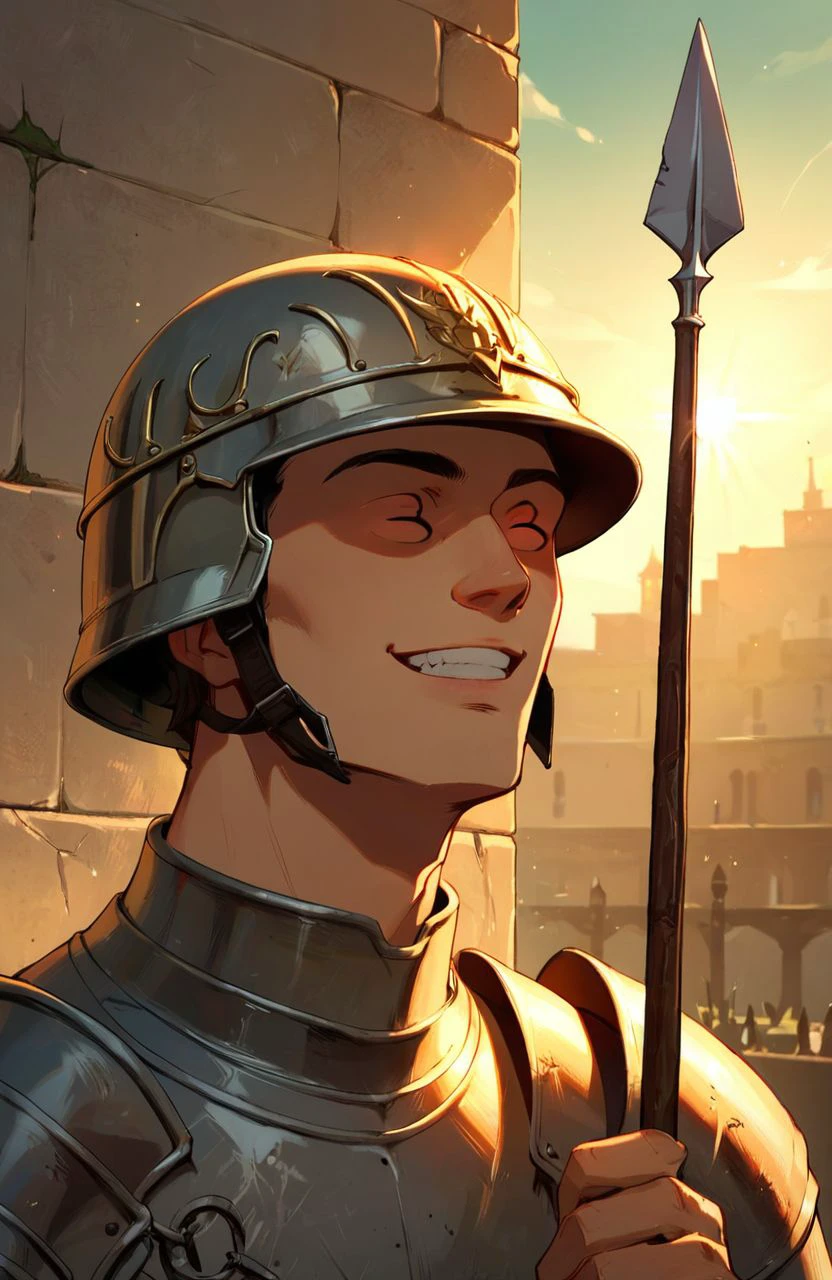 <lora:3_3:0.8> 3_3, closed eyes, a roman soldier, helmet, outdoors, smile, 1boy, sunlight, teeth, armor, spear,, score_9, score_8_up, score_7_up, score_6_up, score_5_up, score_4_up, ponypositive,