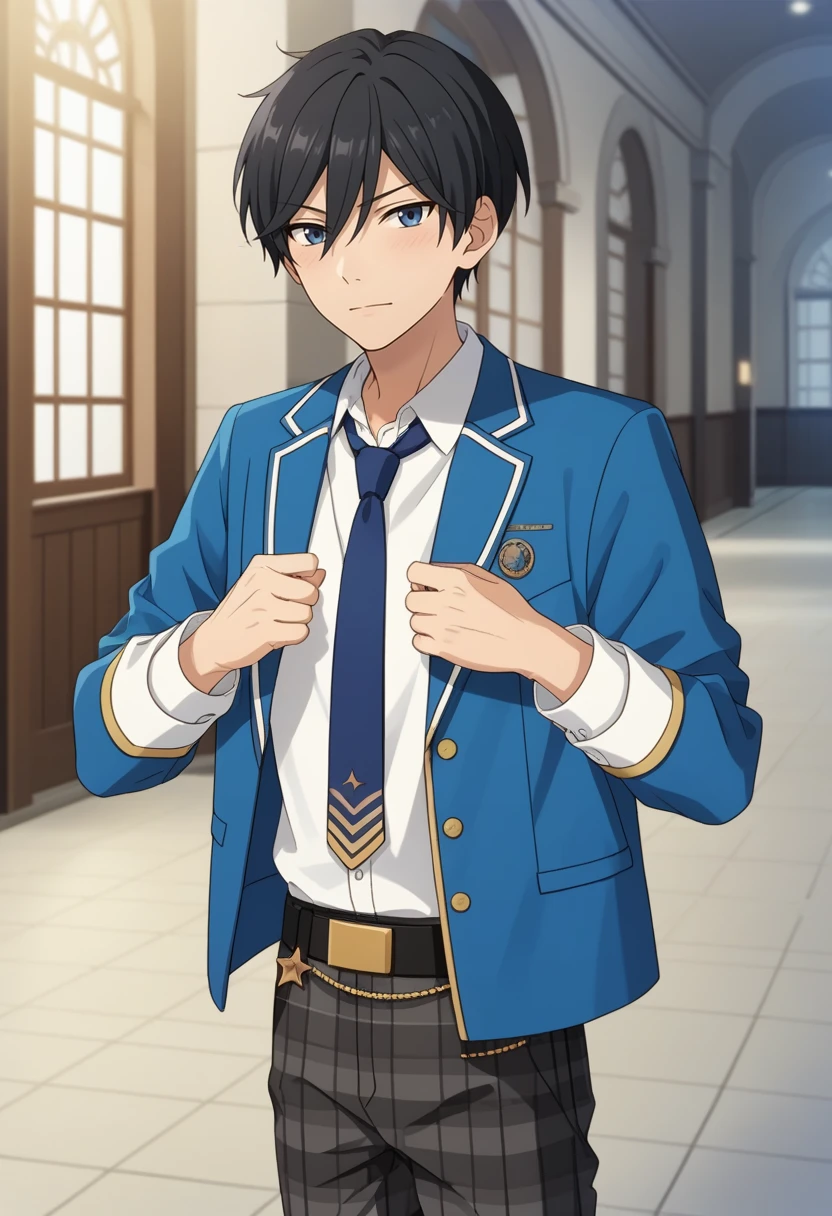 score_9, score_8_up, score_7_up, masterpiece, best quality, cute,Hokuto Hidaka, black hair, blue eyes, solo focus, male focus, blue jacket, blue necktie, white shirt, plaid pants<lora:EMS-364669-EMS:1.000000>