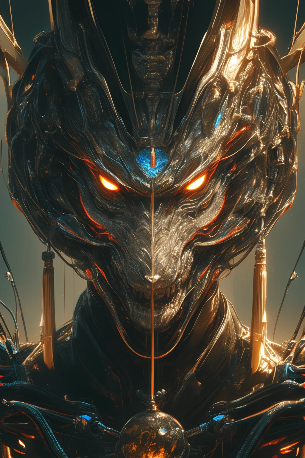 1mechanical man,((ultra realistic details)),portrait,octane render,8k,ultra sharp,intricate,illumination,metal,chinese style,chinese dragon,egypician detail,highly intricate details,realistic light,shadows,ornaments detailed,cold colors trending on cgsociety,facing camera,neon details,machanical limbs,blood vessels connected to tubes,mechanical cervial attaching to neck,sitting,wires and cables connecting to head.,