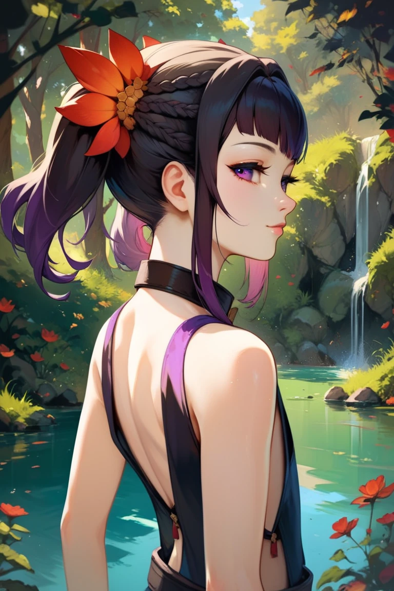 score_9, score_8_up, score_7_up, very aesthetic, source_anime, detailed, high quality, beautiful, masterpiece, detailed eyes,
forest,
<lora:lightXL:0.8>
cowboy shot, upper body, emotionless, looking at viewer
from behind, looking back,
<lora:symonne_autismConfetti_v01:0.95> flat chest,
symonne, pale white skin, black hair, two-tone hair, purple hair, multicolored hair, gradient hair, french braid, purple eyes, twintails, hair ornament, red nails, half-closed eyes,
(sideless outfit), revealing clothes, belt, black thigh highs, choker,, zPDXL