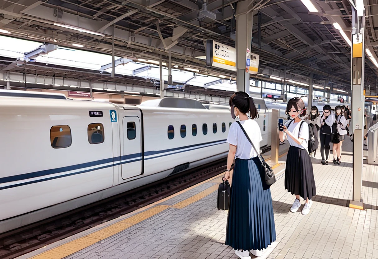 masterpiece, best quality, very aesthetic, absurdres,
shinosaka, multiple girls, train station, bag, shirt, blue skirt, skirt, white shirt, phone, holding phone, long skirt, black bag, pants, 3girls, black hair, holding, cellphone, short hair, black pants, backpack, white footwear, shoes, photo background, shoulder bag, ponytail, train, standing, short sleeves, wide shot, smartphone, short ponytail, brown hair, looking at phone, black footwear, scenery, tile floor, real world location, railroad tracks, sign, outdoors
<lora:shinosakaeki_platform_SDXL_V1:1>